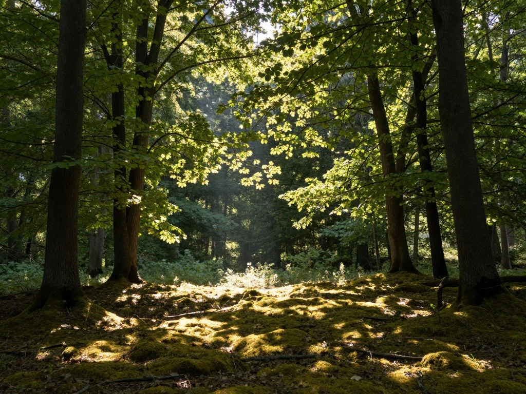 Forest light filtering through trees suggesting gentle breathing space
